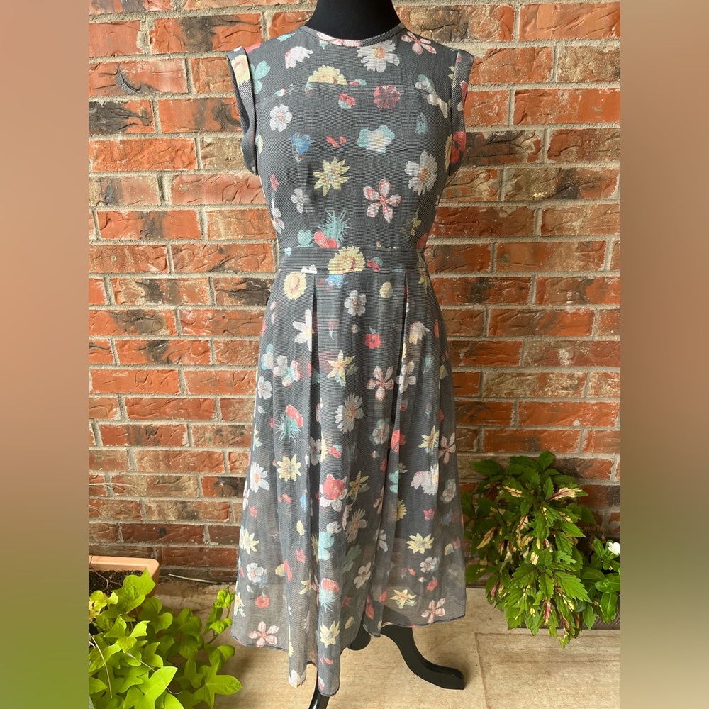 RACHEL Rachel Roy Gray Floral Midi Dress with Pastel Prints